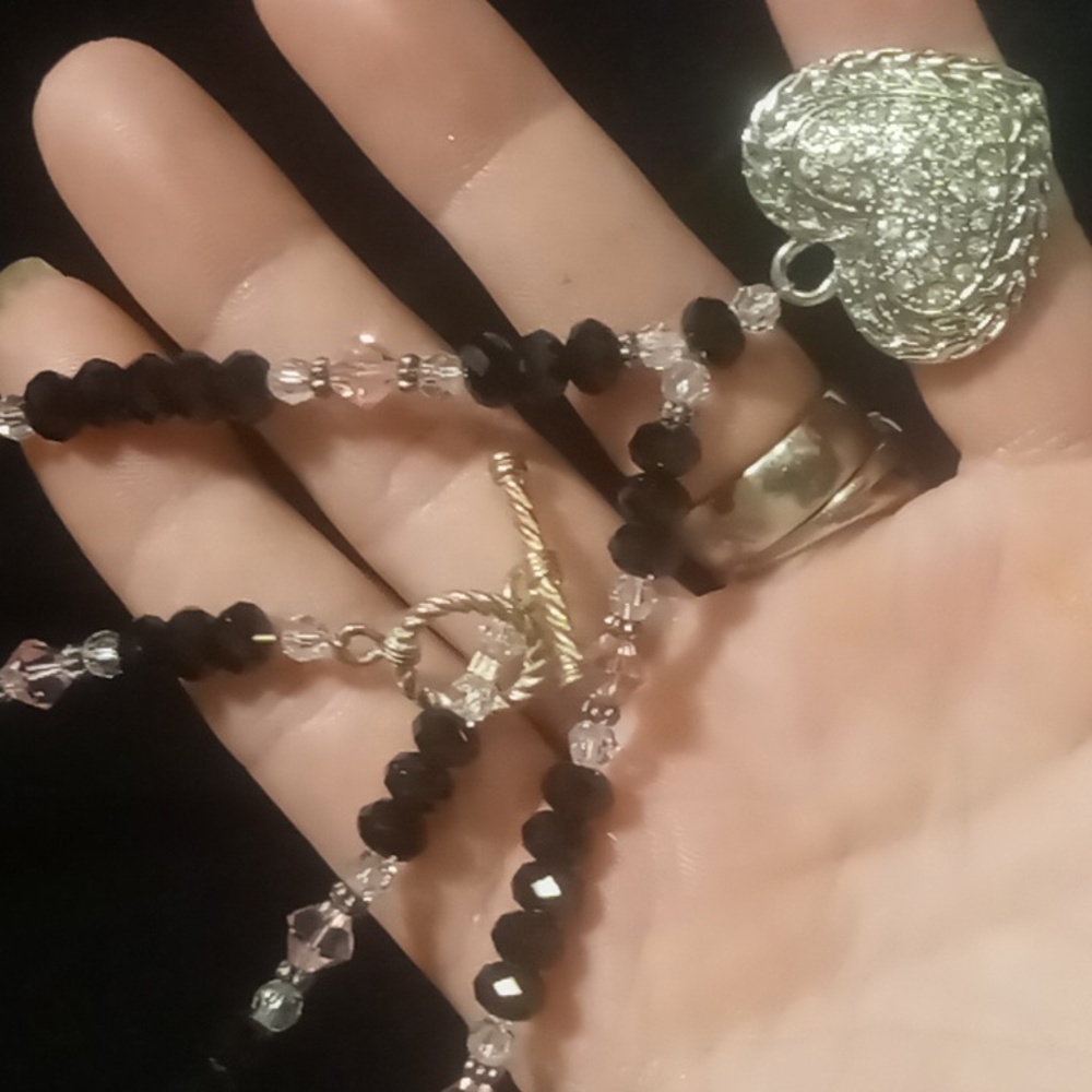 Elegant Heart Pendant Necklace with Black and pink  Beads toggle clasp 18 in.